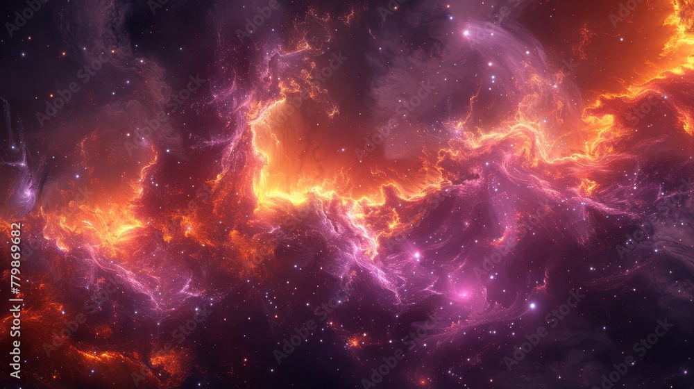   A space image featuring stars and a vibrant orange-purple cloud at its core