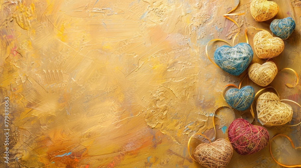 A collection of yarn balls sits atop art paper on a wooden table A collection of yarn balls sits atop art paper on a wooden table