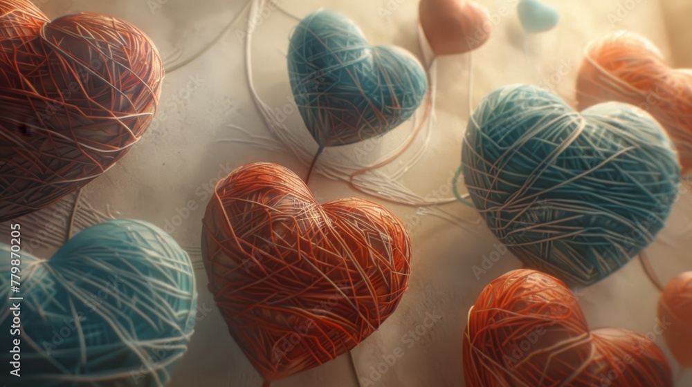   Arranged on a paper sheet, a collection of yarn balls forms heart shapes A heart-shaped string of yarn lies among them - obrazy, fototapety, plakaty 
