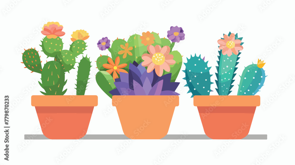 Flat blossom succulent cacti in flower pot flat vector