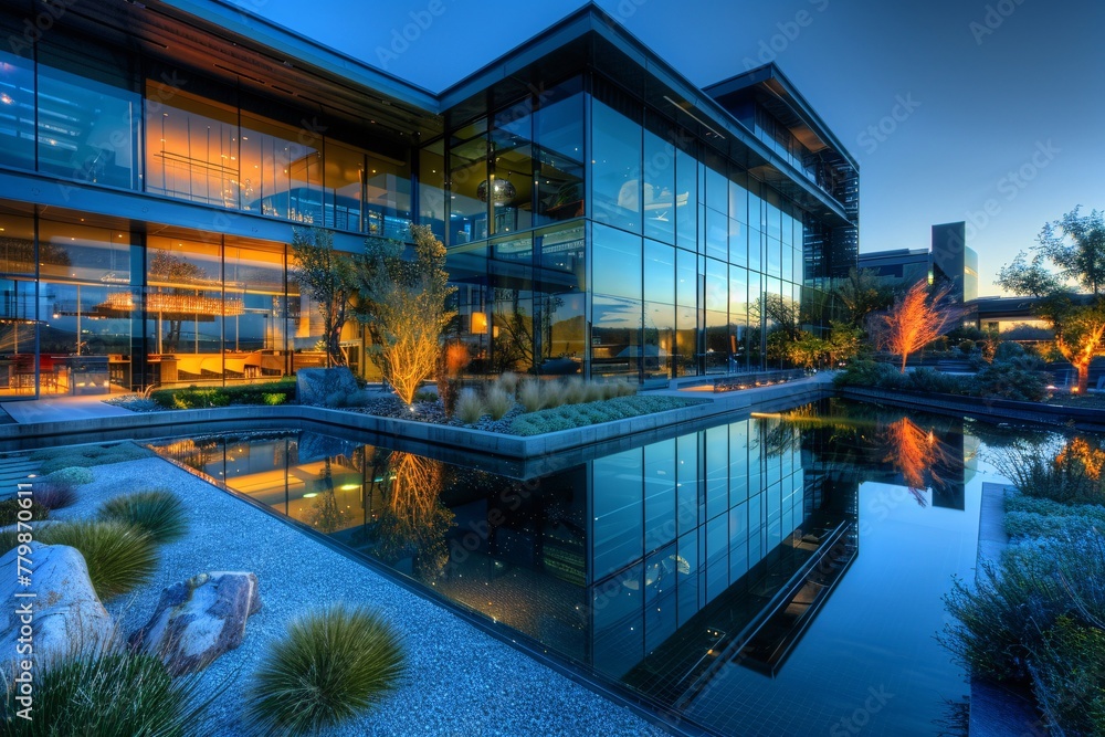 A building situated alongside a body of water, with its reflection visible on the calm surface