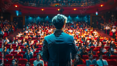 Man giving speech in front of backlit audience  Speaker and leadership concept photo