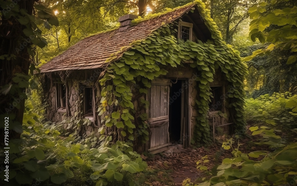 An old house in the middle of forest covered by vines An old house in the middle of forest covered by vines