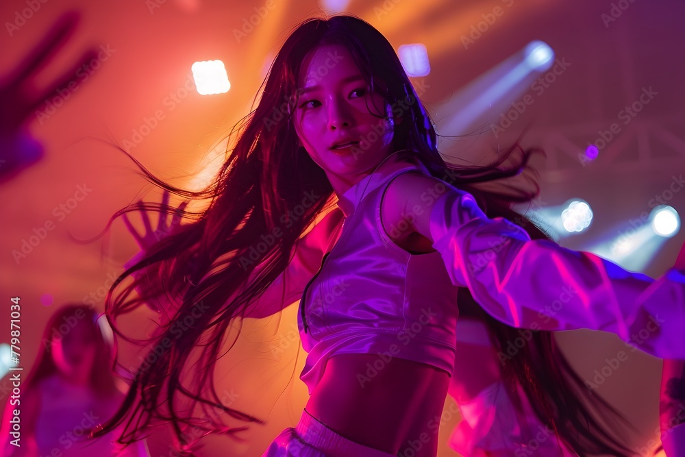 Youthful Exuberance Shines - K-pop Girl Group Dances Under Neon Lights