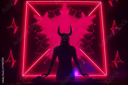 Cyberdelic Tarot Card: Satan's Cosmic Design in Glowing Neon Lights photo