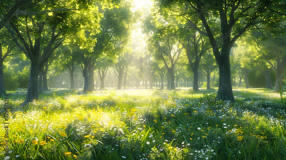 Green forest in summer at sunrise. Panorama of a secluded glade with sun rays shining . - obrazy, fototapety, plakaty 