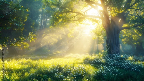 Green forest in summer at sunrise. Panorama of a secluded glade with sun rays shining .