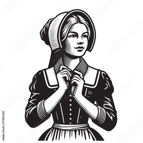 beautiful young Dutch woman in national clothes. vintage engraving vector illustration, emblem, isolated object. Face, portrait