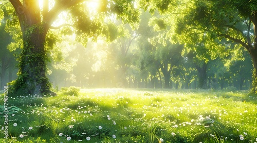 Green forest in summer at sunrise. Panorama of a secluded glade with sun rays shining .
