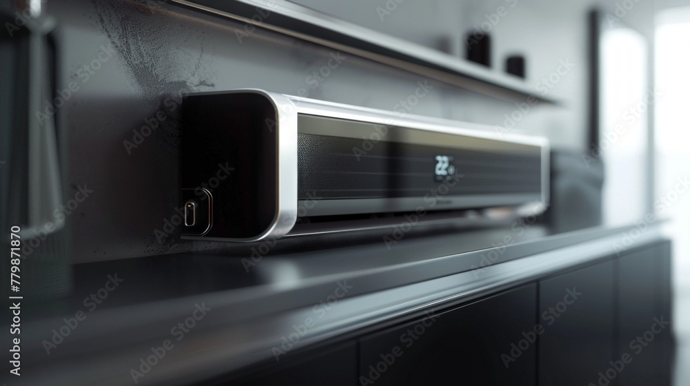 A modern and minimalist black and silver smart air conditioner with remote control and energy-saving modes for personalized comfort A modern and minimalist black and silver smart air conditioner with remote control and energy-saving modes for personalized comfort