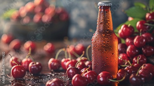 Cherry Beer Bottle with Condensation, alongside a pile of Fresh Cherries. Summer Beverage on Blurred Background with Copy Space. AI Generated.