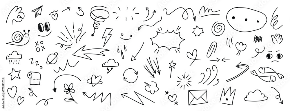 Set of pen line doodle element vector. Hand drawn doodle style collection of heart, arrows, scribble, speech bubble, star, snail, fish. Design for print, cartoon, card, decoration, sticker.
