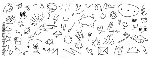 Set of pen line doodle element vector. Hand drawn doodle style collection of heart, arrows, scribble, speech bubble, star, snail, fish. Design for print, cartoon, card, decoration, sticker.