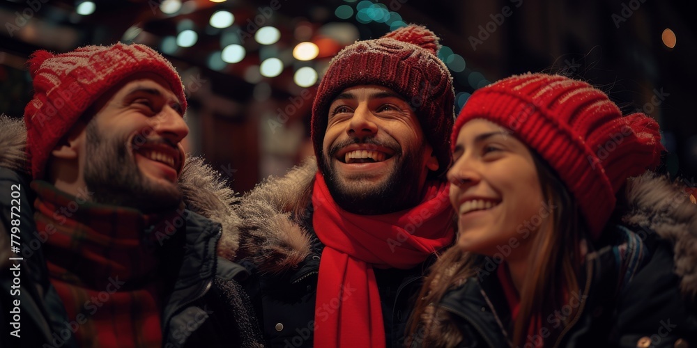 Group of People Wearing Christmas Hats Singing