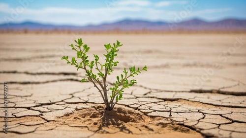plant breaks through dry cracked desert soil against stark desert background  symbolizing the resilience amidst ecology problems and the quest for survival