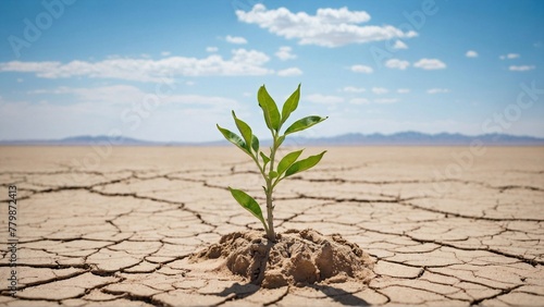 plant grows in dry desert ground against barren background, illustration of ecology problems, nature resilience concept