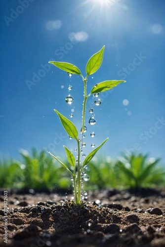 seeding with water drops growing in the soil, eco-friendly symbol, clean blue sky backdrop