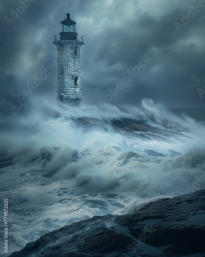 Abandoned lighthouse on a stormy night, dramatic, long exposure, haunting, tempestuous , hyper realistic