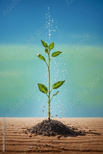 plant with water drops growing in the ground, eco-friendly concept, clean horizont line