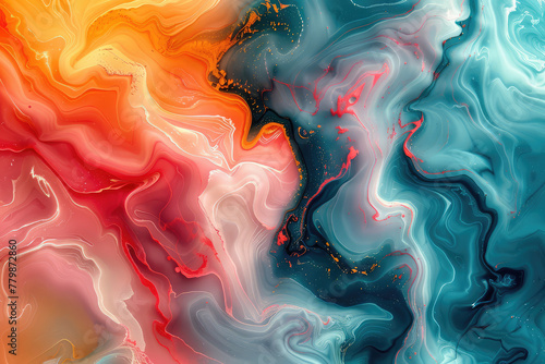 Abstract background with colorful swirling marble pattern, fluid art style, turquoise and coral colors. Created with Ai
