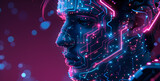Futuristic technological neon high-tech closeup portrait of man with glowing neon circuit traces in their skin