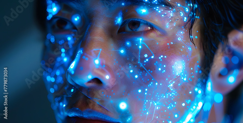 Futuristic technological neon high-tech closeup portrait of man with glowing neon circuit traces in their skin
