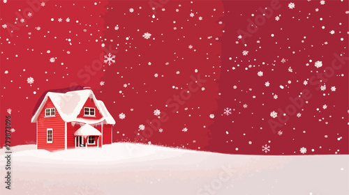House with snow fall on red background for banner 