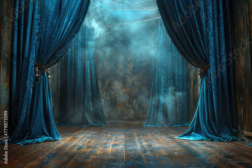 Dark blue velvet curtains on the left and right sides, wooden floor, photography backdrop for photoshoots in the style of various artists. Created with Ai