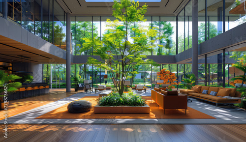 An interior shot of an indoor Japanese garden in the middle of a glass and steel building, in the style of modern architecture. Created with Ai © 360Degree