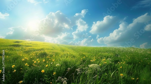 A field of green grass and flowers with a bright blue sky, AI