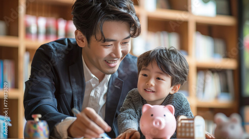 Father teaches child to save money using piggy bank, illustrating financial education. Financial literacy for children. photo