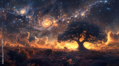 A tree in a field with stars and galaxies behind it, AI