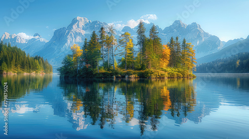 A picturesque scene of the Alps with towering mountains, lush green forests, and crystal clear waters reflecting the blue sky. Created with Ai © 360Degree