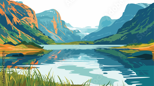Large scenic lake among the beautiful mountains. Drawn