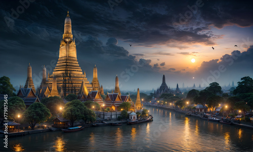 Wat Arun ethereal fantasy concept art of  Wat Arun lighted lookout tower in fantasy style on a hill next to a small river © Luckystation