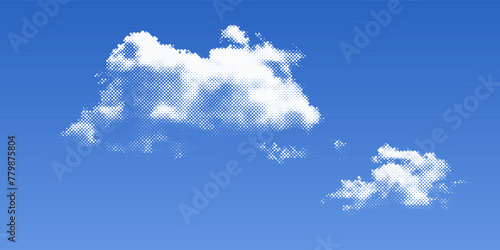 Raster clouds in the blue sky. Halftone white smoke with texture on clear background. Pop art object with dot pattern. Vector retro bg