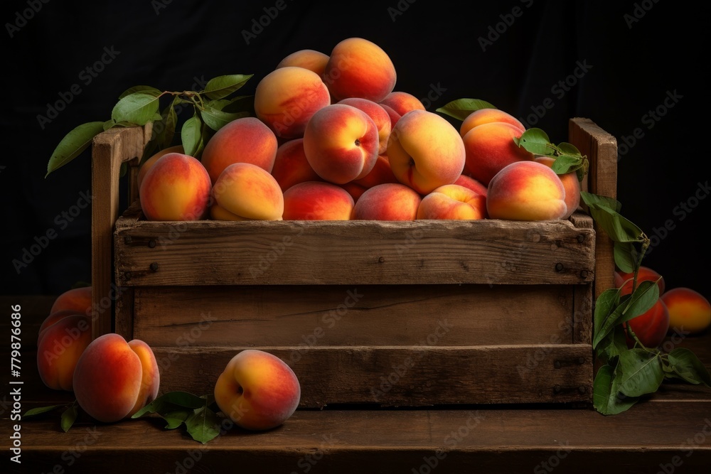 Tender Ripe peaches plums crate. Fresh organic fruits from eco farm. Generate Ai Tender Ripe peaches plums crate. Fresh organic fruits from eco farm. Generate Ai