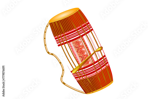 Assamese drum (dhol, onoinya) decorated with gamosa (ornamental body wipe) isolated on white. Traditional attribute for festivals (Bhogali, Kongali, Magh Bihu). Vector.
