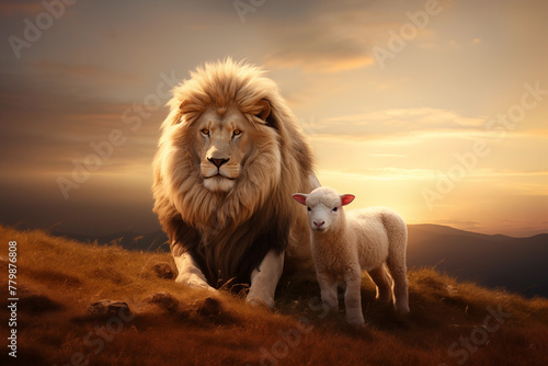 Inspirational Unity: Lion and Lamb Together, Emblematic of Biblical Peace and Harmony Among All Creation. Symbolizing Eucharist, Communion, Trinity, Church, Disciple photo