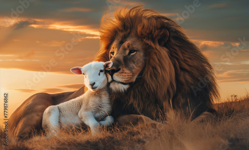 Messianic Prophecy Fulfilled: Lion and Lamb Rest Side by Side, Portraying the Peaceful Kingdom Foretold in Isaiah. Symbolizing Shepherd, Kingdom, Prophecy, Hope, Prayer photo
