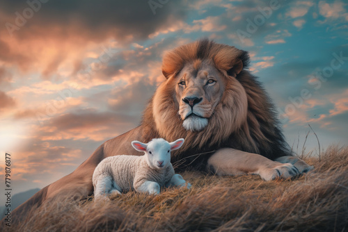 Unity in Faith  Lion and Lamb Embrace in a Scene Resonating with Biblical Promise and Spiritual Oneness. Symbolizing Redemption  Gospel  Revelation  Parable  Flock
