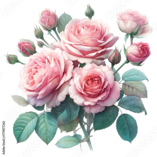Illustration showcasing a cluster of pink roses in full bloom. photo