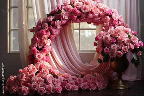 A majestic arch of pink roses and a vintage vase by a window with flowing curtains. photo