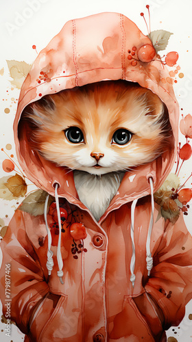 Cat in Hooded Autumn Jacket Illustration

