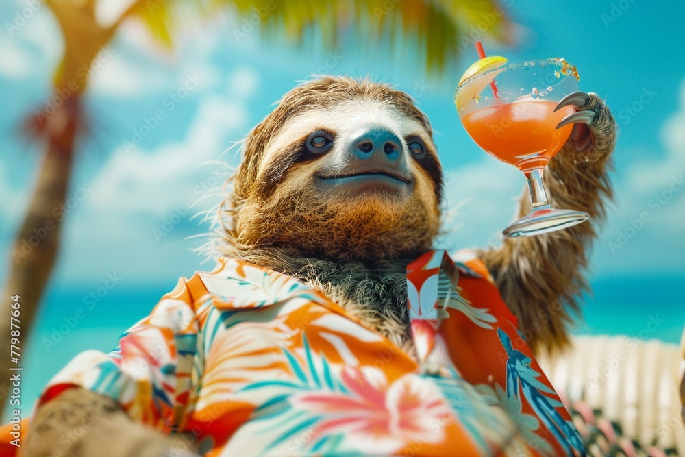 Capture a picture of a stylish sloth in a Hawaiian shirt sipping a cocktail on a tropical beach - obrazy, fototapety, plakaty 