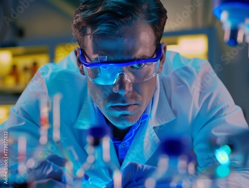 A scientist in a lab coat and goggles conducting an experiment with precision and curiosity