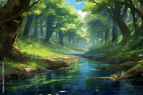 Winding Forest river. Water flow scenery. Generate Ai © juliars