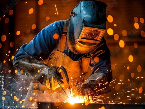 A welder in a protective mask and gloves welding metal with sparks flying © Nattapoom
