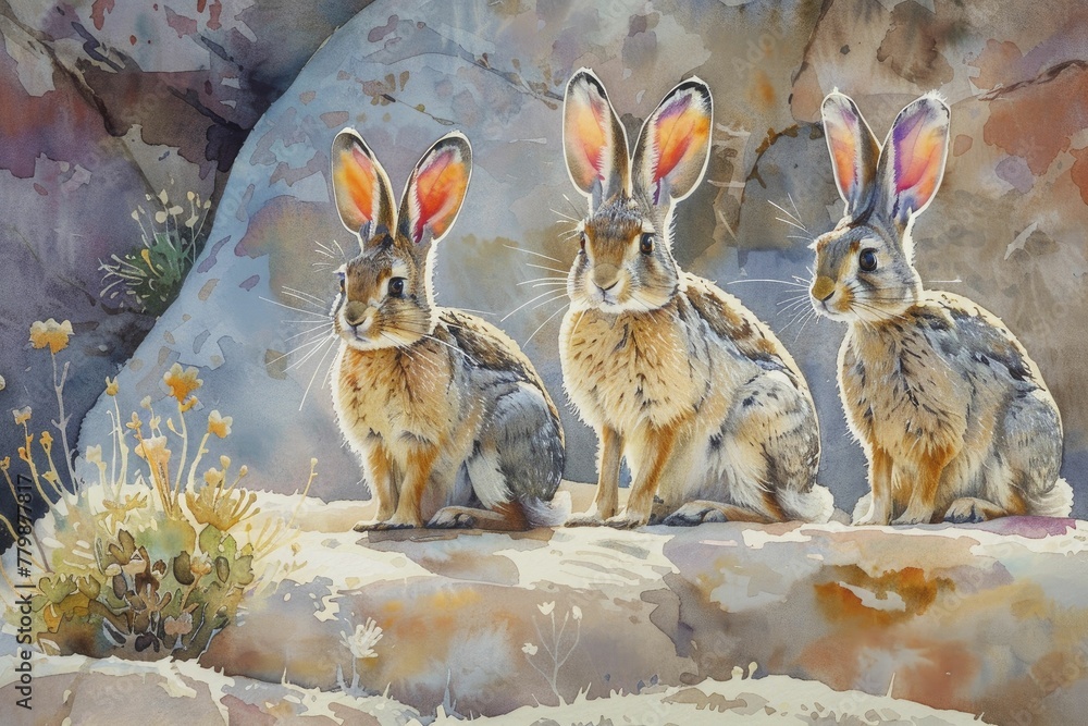 Fototapeta premium Jackrabbits in desert heat, endurance and agility concept, watercolor painting style.