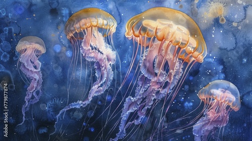Witness the tranquil dance of jellyfish amidst the deep blue, captured in a serene watercolor painting style.